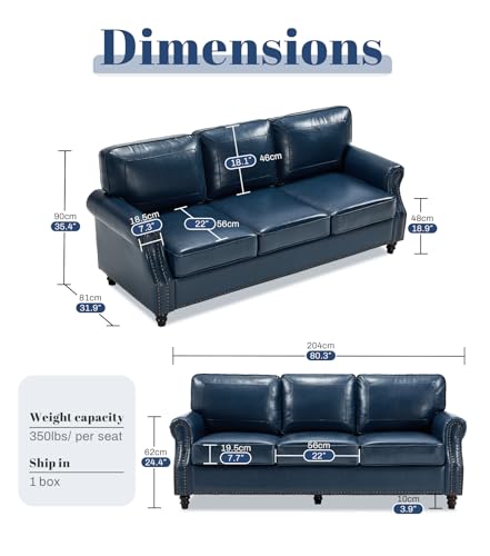 Mid-Century Modern Couch, Faux Leather Sofa, 3 Seater Couch for Living Room with Rolled arms & Nailhead Trim, Blue - color: Blue, size: PU Standard- New Type