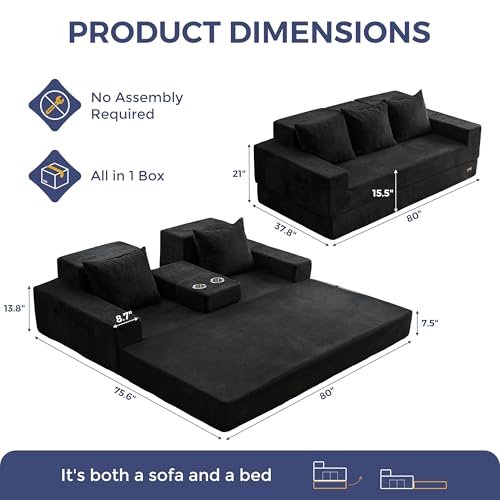 MAXYOYO Sofa Bed, 80-Inch Oversized Boneless Loveseat, 2 Cup Holders | Corded Black 4-in-1 Boneless Couch Converts Into a Floor Sofa or Chair; Sofa-in-a-Box Design Requires No Assembly. - color: Corded Black, size: Oversized(80" Length)