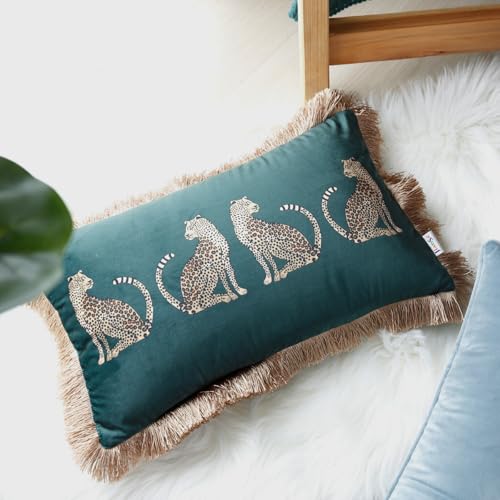Lumbar Decorative Throw Pillow Cover with Tassels Leopard Pattern Cushion Cover Luxury Style Soft Velvet Pillowcase for Sofa Couch Bedroom (12"x20",Dark Green) (Pack of 2) - color: Dark Green, size: 20" x 12" (Pack of 2)