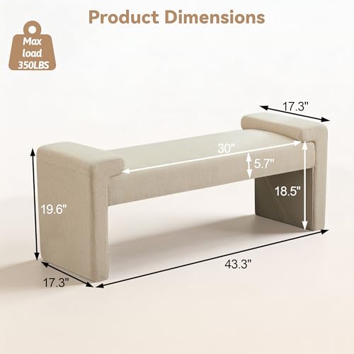 Upholstered Entryway Bench, 43" Modern Bedroom Bench, Camel | Curved Armrests, Solid Wood Frame, End of Bed, Bedroom, Living Room, Hallway - color: Tan-linen, size: 43"