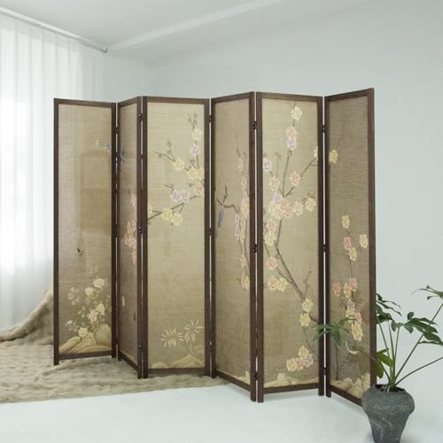 6 Panel Bamboo Room Divider, Freestanding Folding Privacy Screen | 5.6 ft Bamboo Print Screen, Divider for Room Separation, Foldable Panel Screen, Double-Sided Colourful Plum Design - color: Colourful Plum, size: 6 Panel