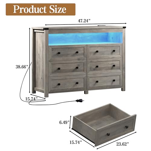 Grey Dresser 6 Drawer Dressers for Bedroom with LED Lights, Charging Station, Wood Chest of Drawers with Metal Handles, Modern TV Stand Storage Cabinet for Living Room, Hallway, Entryway, Gray - color: Grey, style: LED 6 Drawers