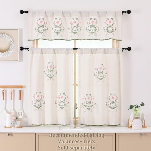 Chyhomenyc 30 Inch Floral Tier Curtains, Light Filtering Faux Linen Short Cafe Curtains with Floral Print Lace Edge, Half Window Curtains for Kitchen Bathroom, 26" W x 30" L, 2 Panels - size: 26"W x 30"L (Pack of 2)