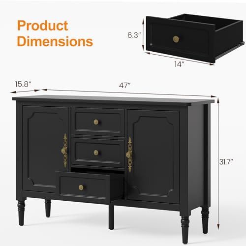 RoyalCraft Buffet Cabinet with 2 Doors & 3 Drawers, Vintage Sideboard with Storage, Painted Coffee Bar Table with Solid Wood Legs, Ideal for Kitchen, Living Room, Dining Room, Black - color: Black, style: 3 Drawers & 2 Doors