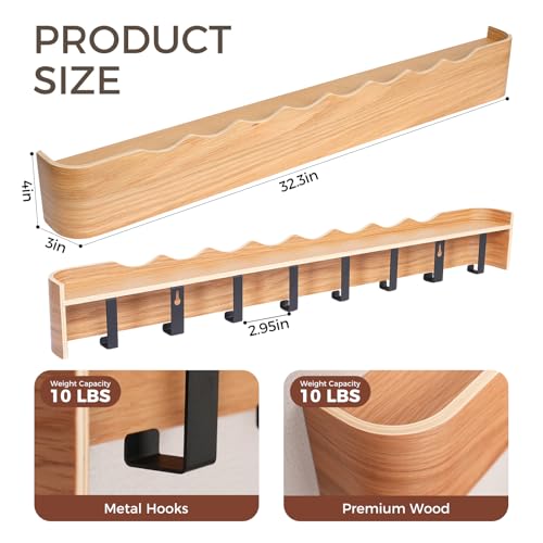 Coat Rack Wall Mount with Shelf Entryway Shelf Modern Key Holder Hanger Wall Shelves with Hidden Hooks for Hanging Towels Coats Hats Bags for Hallway Bathroom Bedroom (Wavy Oak, 8 Hooks) - color: Wavy Oak, size: 8 hooks