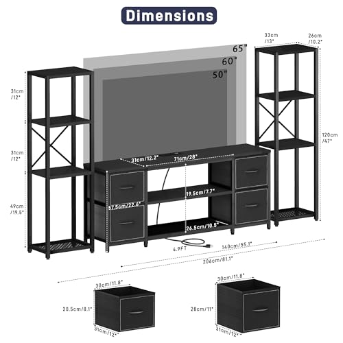 Yenlure LED TV Stand Bookshelf Combo with Charging Station for 65 60 55 Inch TV, Entertainment Center with Lights & Drawers, Industrial Media TV Console Table for Living Room Bedroom Office, Black - color: Black
