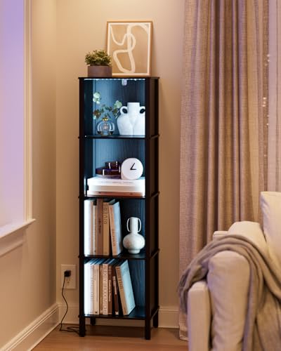 Bookshelf with LED Lights, Modern 4-Tier Bookcase, Open Storage Book Shelf, 11 × 14.2 × 50.4 Inches, Small Narrow Bookshelves for Living Room, Home Office, Bedroom, Black - color: Black