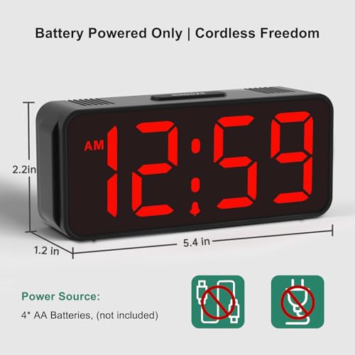 Peakeep Small Battery Powered Digital Alarm Clock | Cordless Home Travel Portable, 1.65" Large Numbers Auto Brightness, LED Display 4 Dimmers, 5 Volumes - color: Red Digits