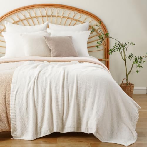 Chenille Throw Blanket for Couch, Knit Throw Blanket 51"x67", Ivory White | Shiny White Chenille Blanket, Neutral Throw Blanket, Soft Midweight Knitted Blanket for Sofa Bed Home Decor - color: Ivory