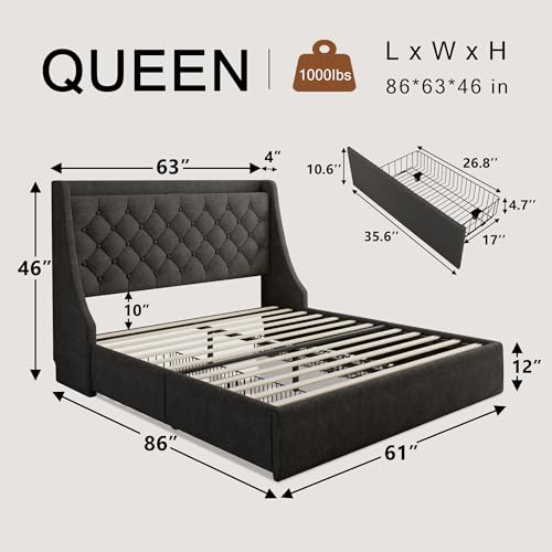 Einhomn Upholstered Queen Bed Frame with 4 Storage Drawers, Modern Platform Bed with Wingback Headboard, Charging Station, No Box Spring Needed, Dark Grey - color: Dark Gray, size: Queen