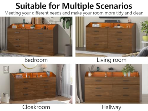 6 Drawer Dresser for Bedroom with Charging Station, Dresser with LED Light | Chest of Drawers for Closet, Modern Dressers with Open Storage Cubby, Double Wide Dressers - color: Walnut