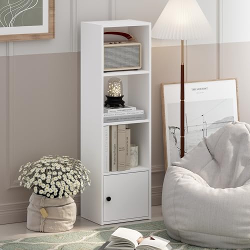 Furinno Luder Shelf Bookcase with 1 Door Storage Cabinet, White | 9.3 x 12 x 41.8, Door Cabinet, Bookshelf, Standing Bookcase, for Organization for Living Room, Bedroom, Home Office - color: White, size: 4-Cube with Cabinet