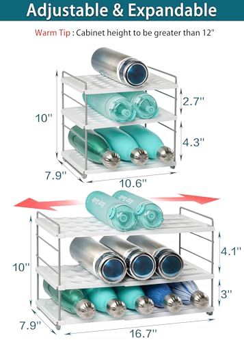 10.6-16.7" Adjustable Width Water Bottle Organizer for Cabinet, 3-Tier Expandable Water Bottle Holder Rack, Cup and Tumbler Storage for Kitchen Organization, Sports Flask, Insulated Travel Mug, Fridge - size: 3 Tier-15