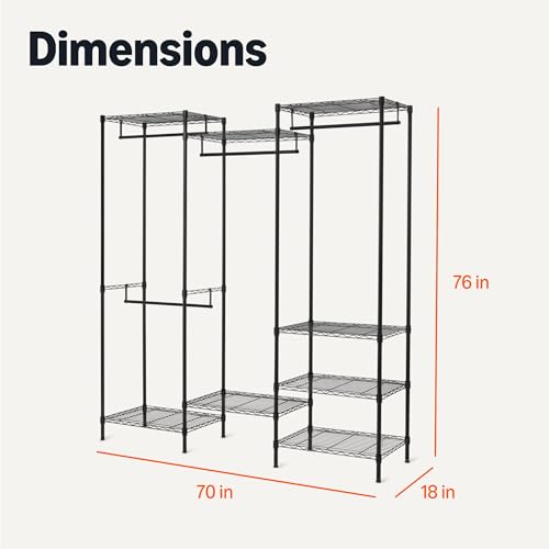 Amazon Basics Closet Organizer, Metal Rack with Shelves and Hanging Rod, 70" W x 18" D x 76" H, Black - size: 70W x18D x 76H inch