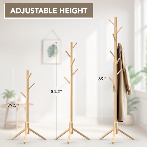 Hupmad Wooden Tree Coat Rack Stand,Sturdy Freestanding Coat Rack with 8 Hooks,3 Adjustable Height for Child Adult,Wood Coat Stand Tree Fits Entryway Bedroom Office for Bags,Hats - color: Natural, size: 1 PC
