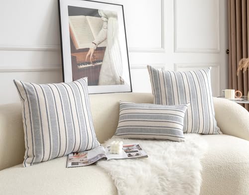 Cethom Decorative Boho Lumbar Throw Pillow Covers, Farmhouse Textured Pillow Case, 12 x 20 Inch Set of 2, Chair Sofa Bedroom Living Room Home Decor Couch Cushion Case, Classic Blue and Beige - color: Classic Blue, size: 20" x 12" (Pack of 2)