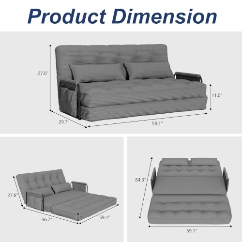 Futon Sofa Bed,Convertible Sofa Bed,Folding Boneless Couches | 3-in-1 Folding Sofa Bed,Boneless Couches for Living Room with Pillow & Side Pocket,High-density Foam,Double Sleeper,Grey - color: Dark Grey, size: Full