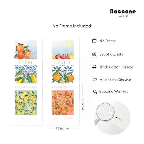 Baccone Fruit Wall Art Kitchen Artwork Wall Decor Fruit Market Prints Poster Colorful Lemon Canvas Wall Art Vintage Pictures Lemon Orange Prints Set of 6 for Room Bedroom 12x16 Inch Unframed - color: Fruit Prints, size: 12x16 Inch Unframed