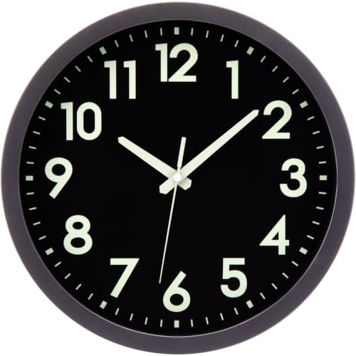 Glow in the Dark Wall Clock with Silent Lumious Night Light 12 in | Wall Clock Battery Operated, Lighted up, Easy to Read, Large Display,Analog Clock, for Bedroom Kitchen Living Room - color: All-black