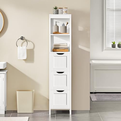 Yaheetech 56" Tall Narrow Bathroom Storage Cabinet with 3 Drawers, White | Slim Tower for Small Bathrooms, 2 Open Shelves and Drawers Organize Towels, Toiletries, Toilet Paper, 12" Wide Beadboard MDF - color: White, size: 56"H