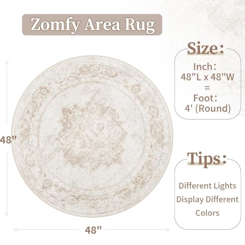 Round Rug 4ft Vintage Rugs: Small Washable Circle Rug Distressed Non Slip Circular Carpet for Living Room Bedroom Kitchen Home(Beige, 4' Round) - color: Beige, size: 4' (Round)