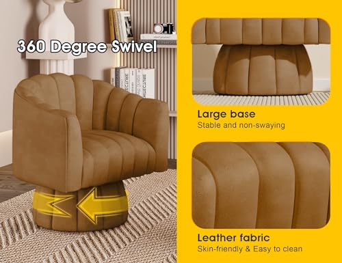 Dewhut Swivel Accent Chair, Barrel Accent Chair, Leather, Brown | Faux leather Upholstered Round Arm Chair with 360° Swivel Base, Mid Century Modern Living Room Chair - color: Brown