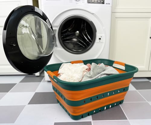 SAMMART 42L (11 gallon) Collapsible Plastic Laundry Basket - Foldable Pop Up Storage Container/Organizer - Space Saving Hamper/Basket (1, Teal Green/Autumn leaf) - color: Teal Green/Autumn leaf