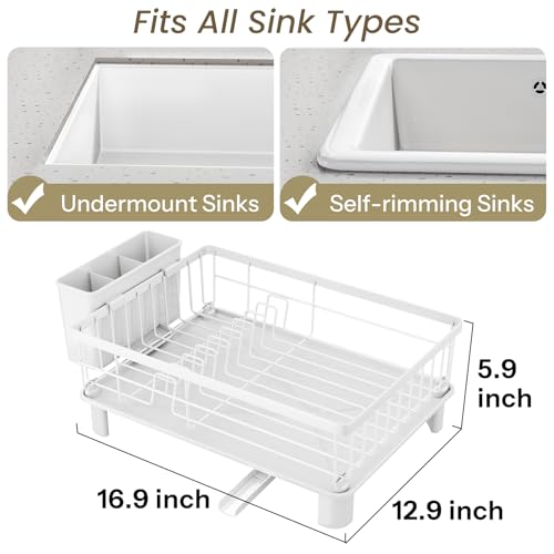 SNTD Dish Drying Rack for Small Kitchen Counter, 12.9" W x 16.9" L, White | Space Saving, Rotating Spout & Angled Drainboard for Quick Drainage, Stainless Steel, Removable Utensil Holder - color: White, size: 12.9" W x 16.9" L