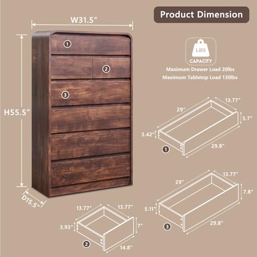 Aitjunz Modern 7 Drawers Dresser for Bedroom, 55" Tall Dressers & Chest of Drawers w/Curved Profile Design, Wood Mid Century Vertical Storage Dressers Organizer for Bedroom, Living Room, Brown - color: Brown, size: 15.5"D x 31.5"W x 55.5"H (7 Drawers)