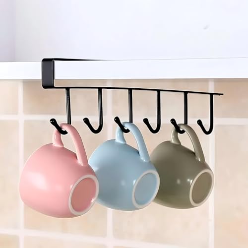 1PC Under Cabinet Mug Rack Hanger, Black Steel Cup Hook Holder for Coffee Mugs, Utensils, Keys, Scarves Fits 0.8" Cabinets Space-Saving Home Organization