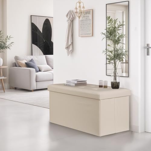 Nouva 30 Inches Ottoman Storage Bench, Folding Design Storage Chest Faux Leather Ottomans Footrest for Bedroom Living Room Office,Entryway, Beige - color: Beige, size: 15"D x 30"W x 15"H