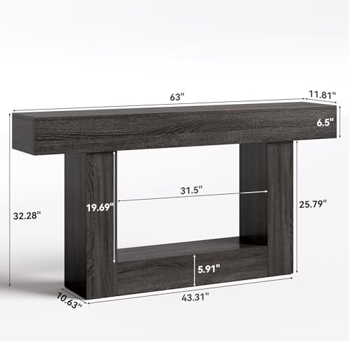 LITTLE TREE 63 Inches Long Console Table, 2-Tier Farmhouse Sofa Table Behind Couch, Large Narrow Entryway Table for Living Room, Wooden Hallway Foyer Table with Heavy Duty Base, Grey - color: Grey