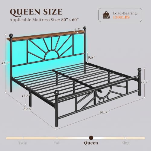 Homkdom Queen Metal Bed Frame with Victorian Headboard & Storage Shelf | Under-Bed Storage for Teens Room & Apartments, Slip Resistant, LED lights, No Box Spring Needed, 1300lbs stability, Black - color: Black, size: Queen (U.S. Standard)