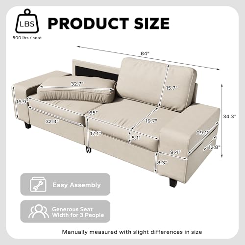 84" Loveseat Couch, 3 Seater Chenille Sofa with 4 Side Pockets, Removable and Washable Cushions, Mid Century Modern, Living Room, Apartment, Studio (Cream) - color: Cream Chenille, size: 84 "