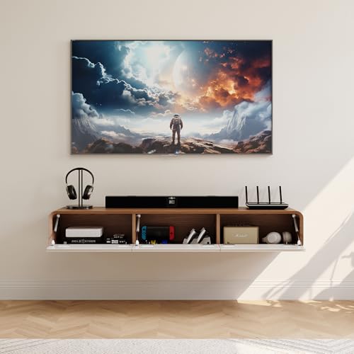 POVISON Fully Assembled Floating TV Stand with Flip-Down Cabinet Doors, 63" Walnut and White Floating Media Console, Solid Wood Floating Entertainment Center, Minimalist TV Stand - color: Walnut & White, size: 62.99"