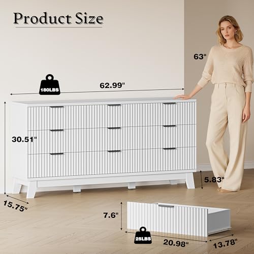 BORNOON 63" Long Dresser for Bedroom, 9-Drawer Fluted Dresser, Extra-Wide Wood Chest of Drawers with Smooth Metal Slides, Stable Base, Modern Clothes Storage Cabinet for Living Room, Hallway, Nursery - color: Pure White, size: XL 9-Drawer