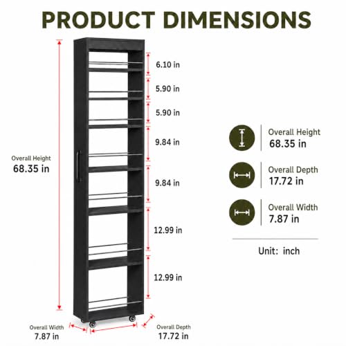 7-Shelf Tall Narrow Storage Cabinet with Wheels, 71 Inch, Black | Slim Pull-Out Organizer, 7.87 Inch Wide for Small Spaces Between Washer/Dryer, Kitchen, Bathroom and Laundry Room - color: E-black