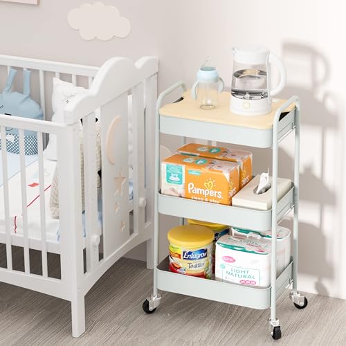 TOOLF 3 Tier Rolling Cart, Metal Utility Storage Cart with Wheels, Green | Wooden Tabletop, 3 Hooks, Screwless Assembly, Lockable Wheels, Organizer for Bathroom, Kitchen, Office, Dorm, Craft Room - color: Green