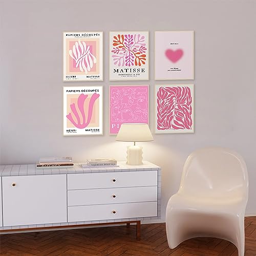 Matisse Wall Art Prints Set of 6, Abstract Matisse Wall Art Exhibition Picasso Posters, Minimalist Canvas Art Prints Beige Pink Room Decor, Hot Pink Aesthetic Room Decor for Bedroom, Living Room, - color: Hot Pink Matisse Wall Art, size: 8x10 inch