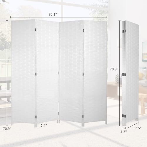 BLKMTY Room Divider, 6ft Folding Privacy Screens, Wall Divider Portable Room Seperating Freestanding Wood Screen, 4 Panels Hand-Woven Design Screen Double Hinged Dividers for Bedroom, White - color: White