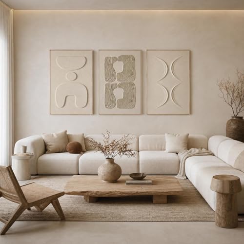 Thalasse Abstract Wall Art Large Framed 3D Sandstone 24x36 In | Wabi Sabi relief panels, solid wood frame, minimalist living room hallway entryway decor, 3 piece set - color: Sand Beige - Natural Sand Oak Frame, size: 24" x 36" (Set of 3)