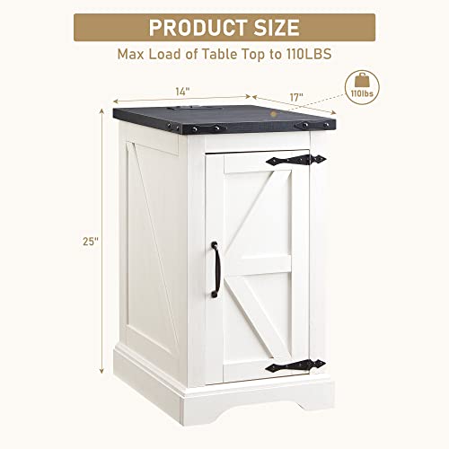 Farmhouse 17" Nightstand with Charging Station, White | Rectangular/ Rustic End Table with Barn Door /Adjustable Shelf/ Wood Sofa Side Table/ for Living Room, Bedroom - color: White Color