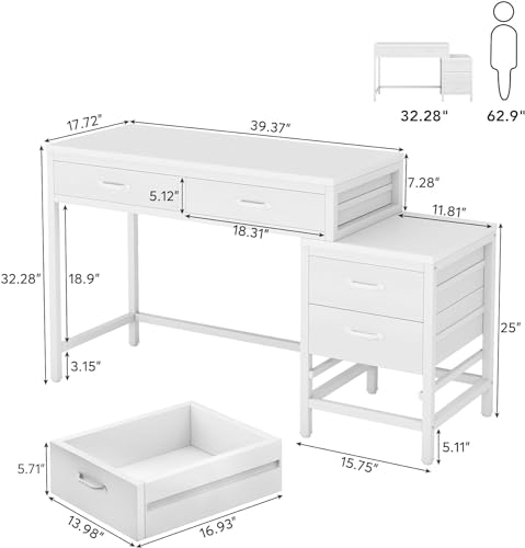 Tribesigns Computer Desk with 5 Drawers, Reversible Home Office Desks | Small Desk with Drawer Cabinet Printer Stand, PC Desk with Storage, White Study Writing Table Workstation for Small Spaces - color: White