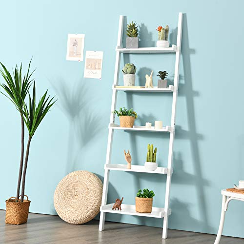 Tangkula 5-Tier Ladder Shelf, Wall-Leaning Bookshelf w/Open Shelves, Plant Flower Stand, Storage Display Organizer Rack, Multifunctional Bookcase for Living Room Home Office (White) - color: White