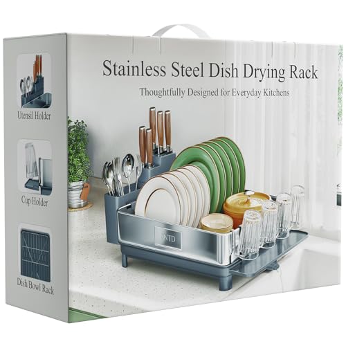 SNTD 304 Stainless Steel Dish Drying Rack for Small Kitchen Counter, Grey | Rustproof, Large Capacity, Heavy-Duty Frame, Rotating Spout, Angled Drainboard, Removable Cup & Utensil Holder - color: Gray