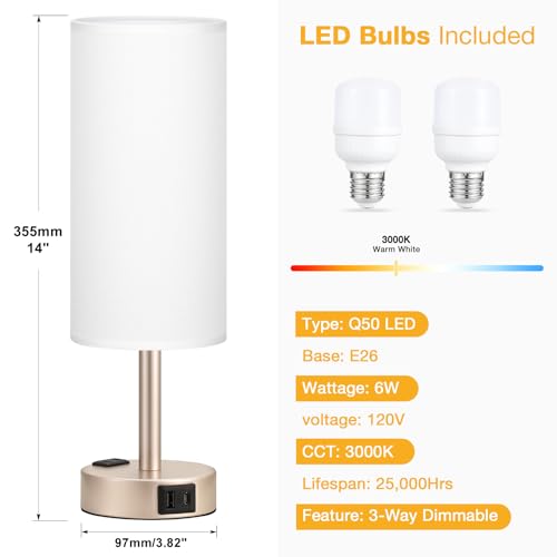 Touch Bedside Table Lamps Set - 3 Way Dimmable Bedroom Lamps Set of 2 with USB C and A Ports, Small Lamps for Nightstand with AC Outlet, Gold Base Round Flaxen Shade for Desk, Office, Dorm, Nursery - color: Gold Base White Shade, size: 14.0In