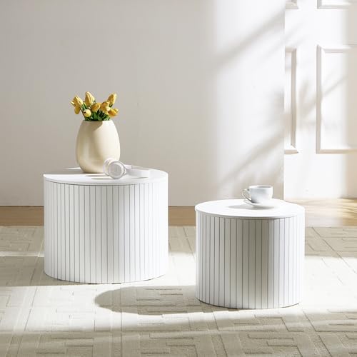 Round Nesting Coffee Table Set of 2, Wood Side Tables with Storage | Fluted Walnut Accent and End Tables Sets, Mid Century Modern, for Living room, bedroom, office, small spaces, White - color: 19.17" White With Storage