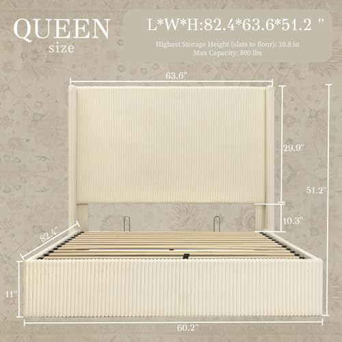 Queen Bed Frame with Lift Up Storage, 51.2" Tall Headboard and Upholstered Wingback Platform Bed Frame, Hydraulic Support, No Box Spring Needed, Beige Corduroy - size: Queen (U.S.Standard)