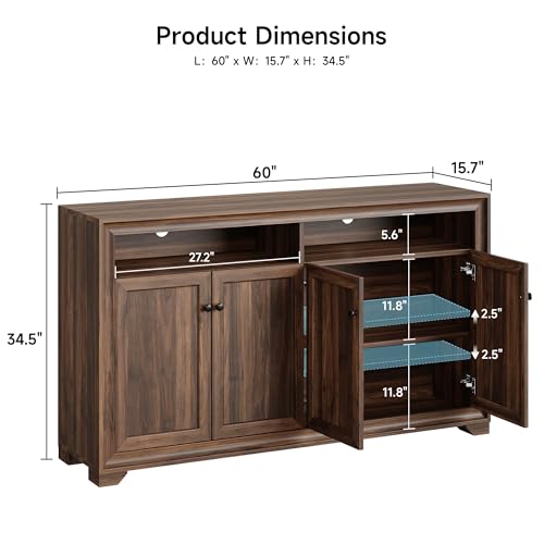 60 Inches Sideboard Buffet Cabinet with Storage and 4 Doors, Brown | Large Sideboard Kitchen Cabinet with Open Shelf & Adjustable Shelf, Kitchen Coffee Bar Console Table for Living Room, Hallway - color: Brown