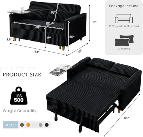 anwickjeff 54'' Corduroy 3-in-1 Convertible Sofa Bed, Pull Out Sleeper Loveseat Couch with USB Ports & Storage Pockets, Futon Couches for Small Space, Living Room, Apartment (Black New) - color: Black New